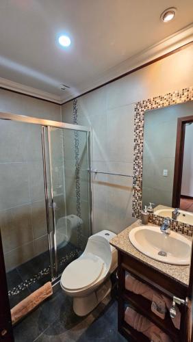 a bathroom with a toilet and a shower and a sink at Casa Hibiscus Boutique Hotel in Cuenca