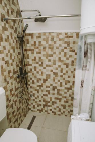 a bathroom with a shower with a toilet in it at Vikendica Buzadzija M&N in Piskavica