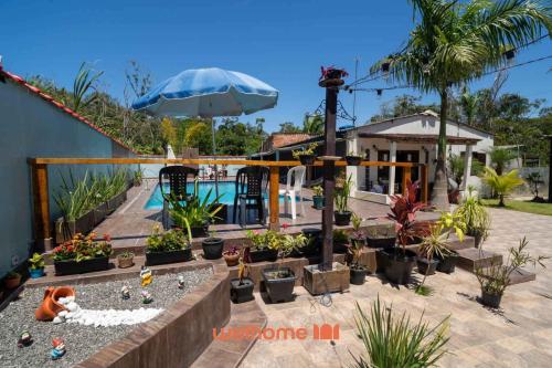 een achtertuin met potplanten en een zwembad bij Sitio com piscina e lazer completo em Mongagua in Agenor de Campos