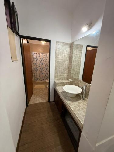 a bathroom with a sink and a shower at 9deJulio90 in Colón
