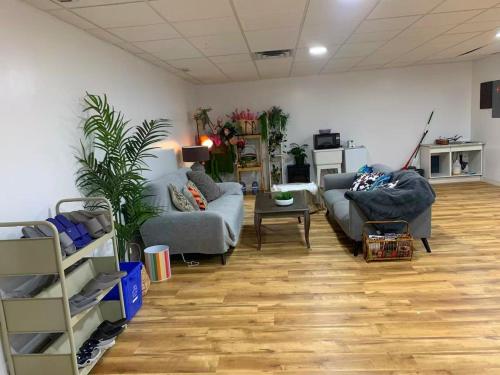 a living room with two couches and a wooden floor at ArtHaus Downtown Emma Barr Unit 3BR 1BA in Whitehorse