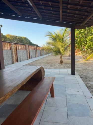 フォルチンにあるHotel Fazenda Alta Vistaのヤシの木の木が植えられたパティオに座る木製ベンチ