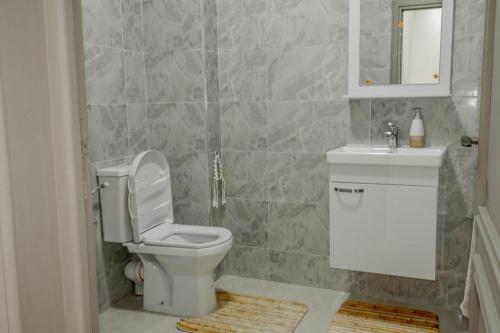 a bathroom with a toilet and a sink and a mirror at Imsouane ocean view in Imsouane