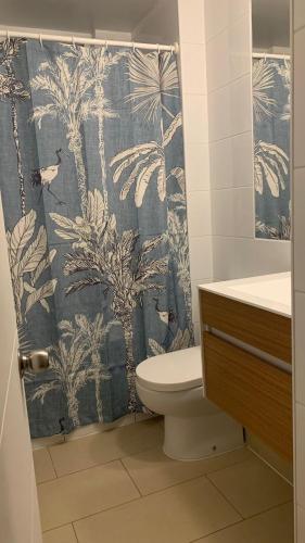 a bathroom with a toilet and a shower curtain at PAPUDO LAGUNA in Papudo