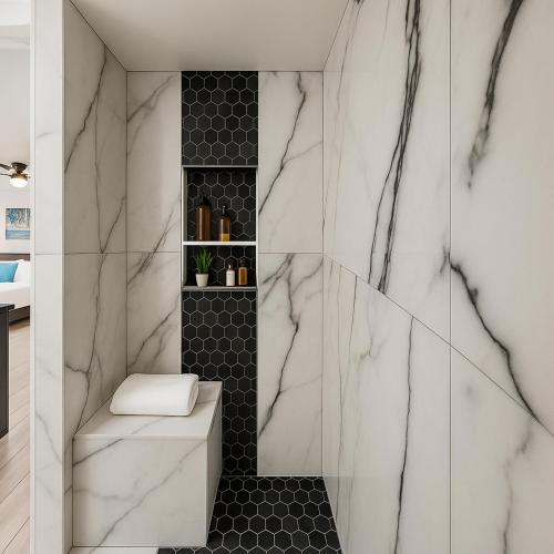 a bathroom with a black and white marble wall at Kernersville Studio Suite Community Pool Firepit Kitchen in Kernersville