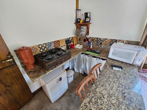 a small kitchen with a stove and a microwave at Flat rústico e aconchegante próximo a Paraty e Trindade in Paraty