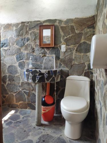 a bathroom with a toilet and a stone wall at ELOA Atitlán in San Marcos La Laguna