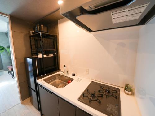 a small kitchen with a sink and a refrigerator at REVISION Ebiyama-tei - Vacation STAY 15811 in Hiroshima
