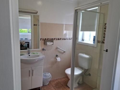 a bathroom with a sink and a toilet at City Park Motel and Apartments in Wagga Wagga