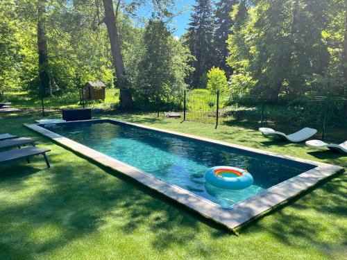 a swimming pool with a frisbee in the grass at Le Monde de Charlie - Les Cabanes in Bellerive-sur-Allier