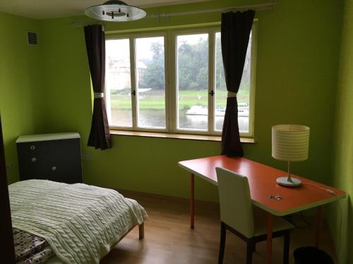 1 dormitorio con escritorio, 1 cama y ventana en City Apartment Děčín en Děčín