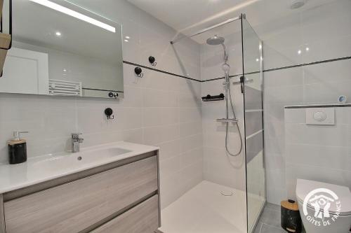 a white bathroom with a shower and a sink at Ty laouen in Le Légué