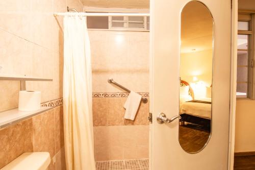 un baño con ducha y WC en Hotel Argento Zacatecas, en Zacatecas