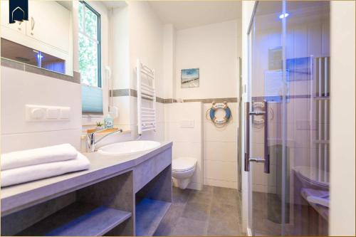 a bathroom with a sink and a toilet and a shower at Ferienhaus Glück unter Reet in Zirchow
