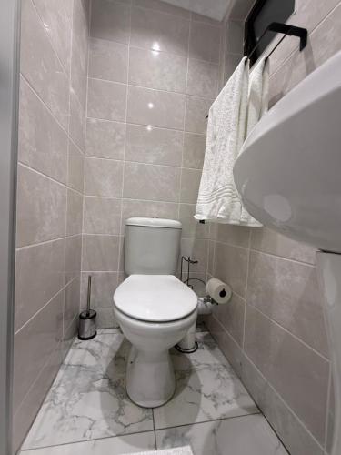 a bathroom with a white toilet and a sink at The Benjamin Guest House in Edenvale