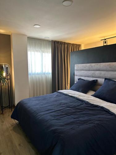 a bedroom with a large blue bed with a window at Exclusive apartment a few steps from the FNSM in Aguascalientes