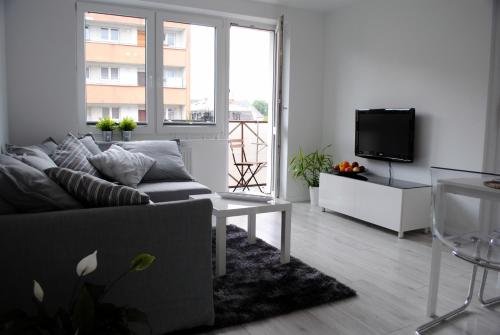 a living room with a couch and a tv at Apartament 1Maja in Koszalin