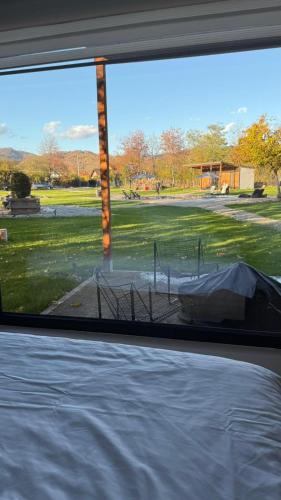 a view from a window of a field with a tent at Badash Tiny Village in Polovragi