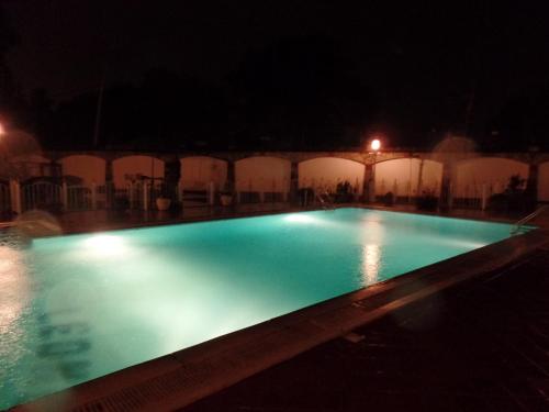 a swimming pool lit up at night at Villa Leone Boutique Hotel in Nairobi