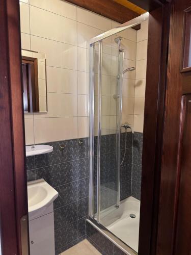 a bathroom with a shower and a sink at Dworek Mieldziczowka in Supraśl