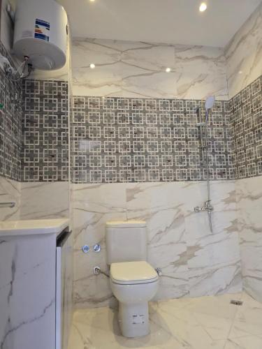 a bathroom with a white toilet and a shower at Villa Nile Rayan in Al Aqālitah