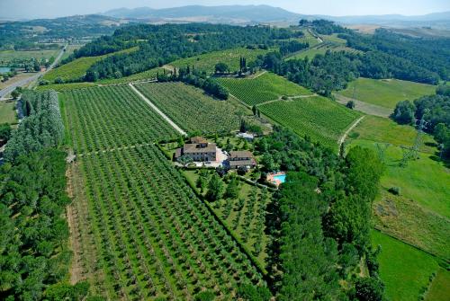 an aerial view of a house in a vineyard at Agriturismo Il Selvino in Terricciola