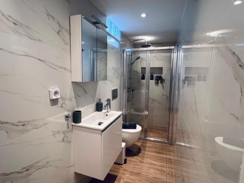 a bathroom with a shower and a sink and a toilet at Hodos Luxury APT 2 near ATH-Airport in Markopoulo