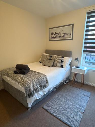 a bedroom with a bed and a window at Maltings Apartment - Spacious 2 Bed Ground Floor Apartment in Kirkcaldy
