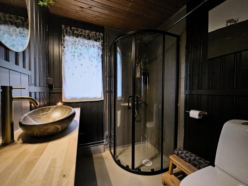 une salle de bain avec un lavabo et une douche dans l'établissement SKOG - Aurora Igloos Resort, à Kalix