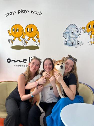 a group of three women holding a dog at One life Hostel in Chiang Mai