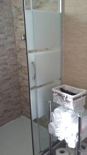 a bathroom with a glass shower stall with towels at Holiday Home Bepo in Sevid
