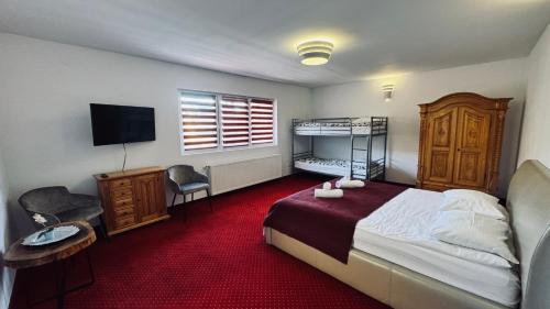 a hotel room with a bed and a television at Cabana Donca in Bistra Mureşului