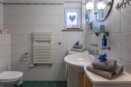 a bathroom with a sink and a toilet and a mirror at Große Helle Wohnung am Wald in Bad Saarow Nahe Grünheide und Berlin Souterrain in Bad Saarow