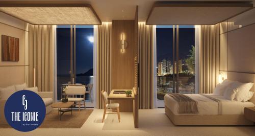 a rendering of a bedroom with a bed and a living room at Port Benidorm Hotel & Spa 4* Sup in Benidorm