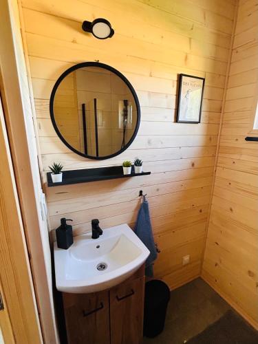 a bathroom with a sink and a mirror at Bolek i Lolek domki do wynajęcia in Popielżyn Dolny