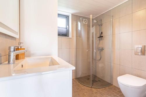 GasselteにあるBungalow Lupine | 4 personen - Vakantiepark De Kremmerのシャワー、洗面台、トイレ付きのバスルーム