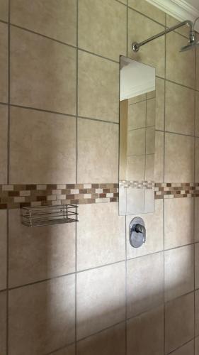a shower with a mirror in a bathroom at The N1 Farm Place in Pretoria
