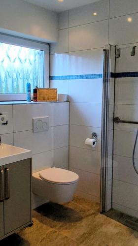 a bathroom with a toilet and a sink and a shower at Haus Wolfgang in Geldern