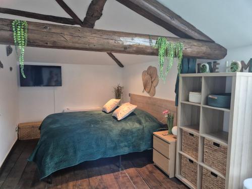 a bedroom with a bed and a book shelf at Le petit Château de Sathonat - Horizon Paradis in Saint-Amour-Bellevue