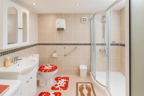 a bathroom with a shower and a toilet and a sink at 2 Bed Villa - Sleeps 7 - Private Garden - Parking in Tŭnkovo