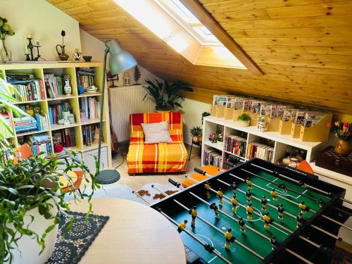 a living room with a pool table and books at House for nature lovers in Medvode