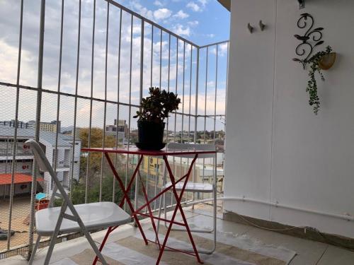 een tafel met een potplant op een balkon bij Moro Rest in Windhoek