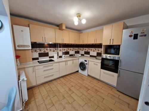a kitchen with a white refrigerator and a dishwasher at Riverside Central Apartment in Satu Mare