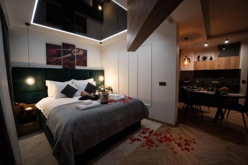 une chambre avec un lit avec des pétales rouges sur le sol dans l'établissement Happy time together apartament z Jacuzzi, à Wojkowice