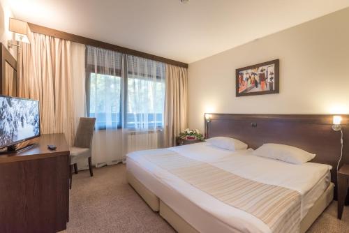 a hotel room with a large bed and a desk at Lion Hotel Borovets in Borovets