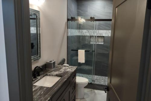 Un baño con inodoro, lavabo y ducha. en Beartopia - Private Indoor Pool, Mountain Views, Game Room + Luxury Accommodations, en Oldham