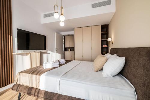 une chambre avec un grand lit et une télévision à écran plat dans l'établissement Metropolitan Spacious Retreat - Balcony and View, à Vatra Mînăstirii Cotroceni