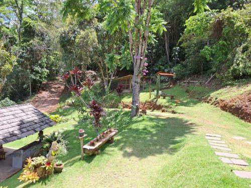 einen Garten mit einer Bank und einem Baum in der Unterkunft Espaço inteiro: Casa de campo nas montanhas in Domingos Martins