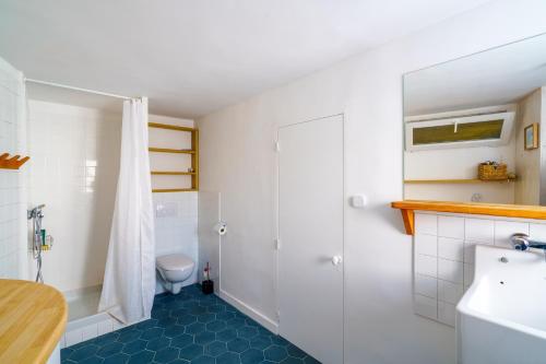 Un baño con ducha, inodoro y lavabo. en Ty Beg-Hir - 10min à pied du Port, en Tréboul