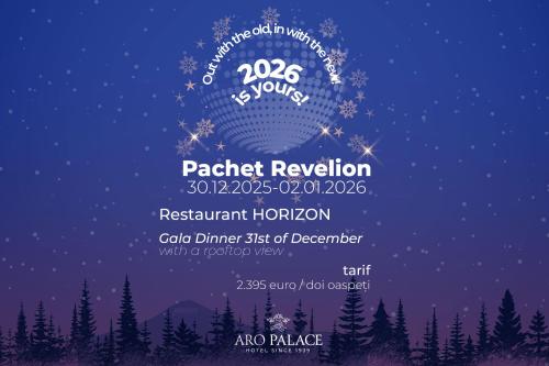 una notte stellata con una foresta e un poster per un concerto di Hotel Aro Palace a Braşov